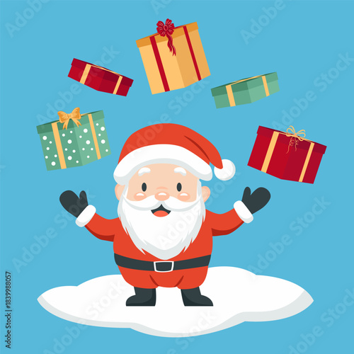 A cute Santa Claus juggling gifts. Christmas illustration for a card, banner, or poster.