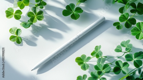 Fresh Green Clover & White Pen · Minimalist Lucky Stationery Flat Lay