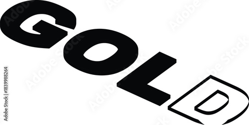 Stylized black and white graphic of the word GOLD with a 3D perspective effect and shadow on a white background.