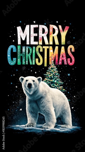 Vibrant Gradient Polar Bear Christmas Art · Merry Christmas Typography