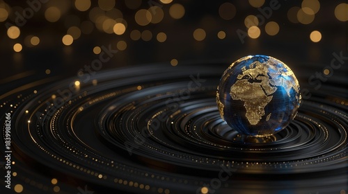 Futuristic Tech Global Globe: Blue & Gold Digital Earth on Spiral Platform