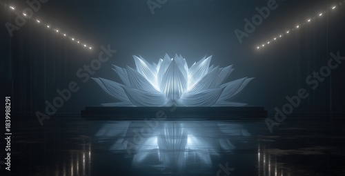 Futuristic Glowing Lotus Sculpture in Minimalist Dark Space