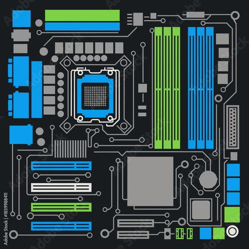 Stylized computer motherboard illustration with blue and green components.