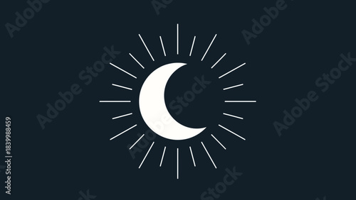 Celestial Crescent Radiance: An elegant crescent moon shines brightly amidst a starburst of radiant lines, set against a deep, mesmerizing dark background.