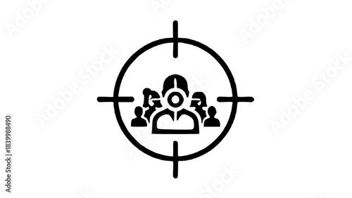Black and white icon illustrating a diverse group of people within a target reticle, symbolizing audience focus.