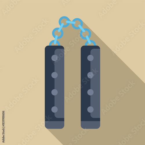Nunchaku martial arts weapon presenting a long shadow in a flat design style