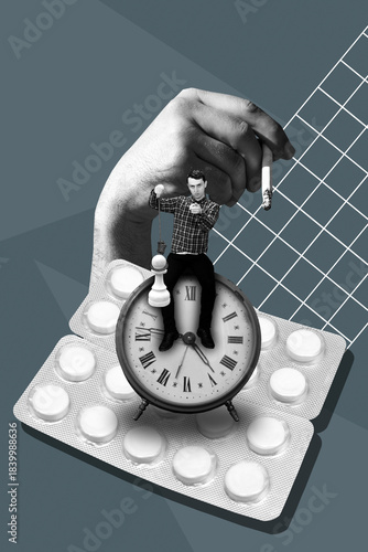 Canvas Print Collage with a man sitting on clock and holding pawn in noose