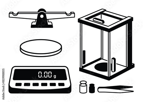 Precision weight scale set. Balance digital scales weights tweezers black white isolated.
