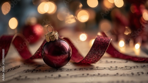 Red ornament rests on musical sheet with twinkling lights in background during holiday season preparation