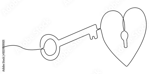 Continuous line drawing. Heart and key. The concept of finding solutions in a love relationship. Valentine's day. One line art. Vector illustration.