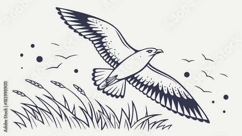 A graceful seagull soars above a field of wheat illustrated in a vintage style