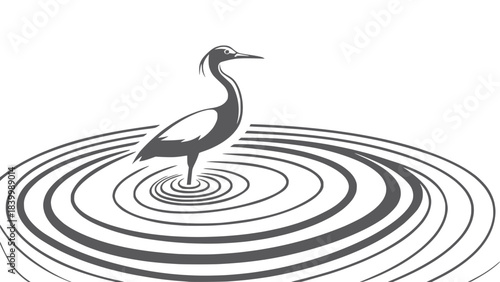 A stylized black and white illustration of a heron in rippling water