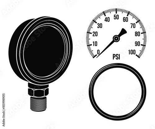 Pressure gauge illustrations, including full meter, dial, and casing with PSI units.
