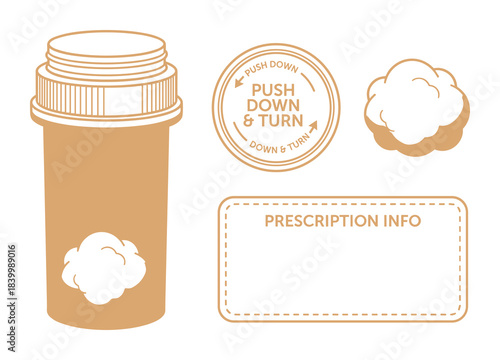 Prescription pill bottle. Push down and turn cap. Prescription info label. Cotton insert. Medical items.