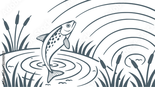 A leaping fish swims through water surrounded by reeds and ripples