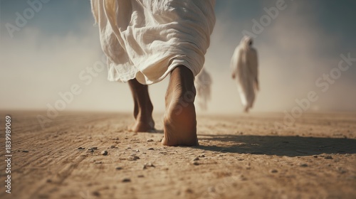 Walking in the desert with Jesus and followers during a warm day under a clear sky