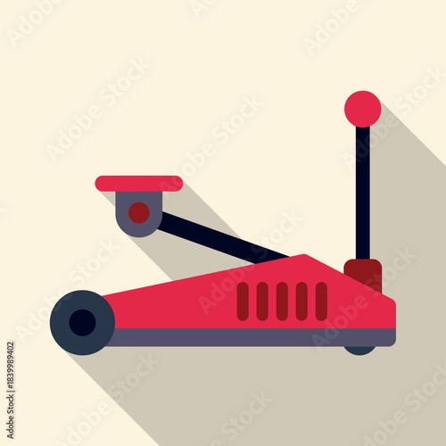 Red hydraulic trolley jack with long shadow used for vehicle maintenance and repair