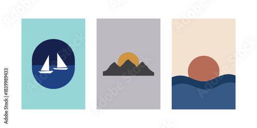 Minimalist Coastal and Mountain Sunset Poster Set of Sea Wave and Sailboat