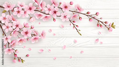Delicate pink cherry blossoms cascade over a rustic white wooden plank background creating a springtime scene