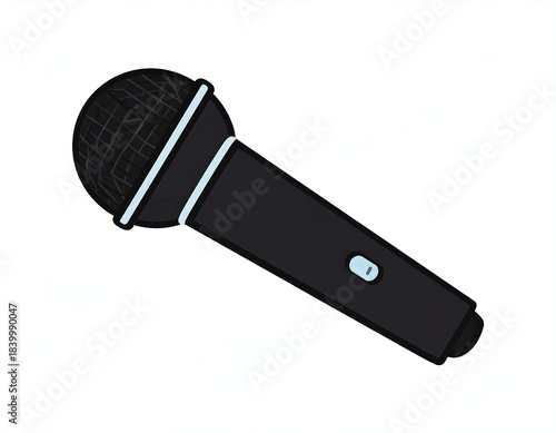 A cartoon microphone, black body and a dark gray head, on white background