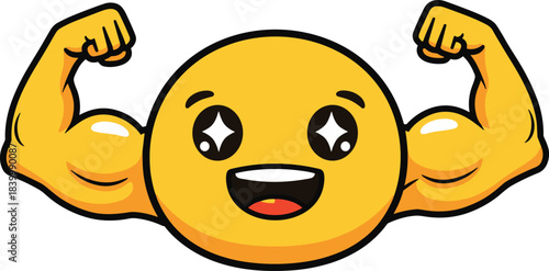Muscular Happy Emoji Flexing Strong Biceps Arms Showing Strength Power and Confidence with Sparkling Eyes, Cheerful Expression, and Big Smile, Isolated on White