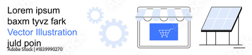 E-commerce, sustainability, renewable energy, online business, technology, eco-friendly solutions. Storefront icon with cart and solar panel. E-commerce and sustainability concept