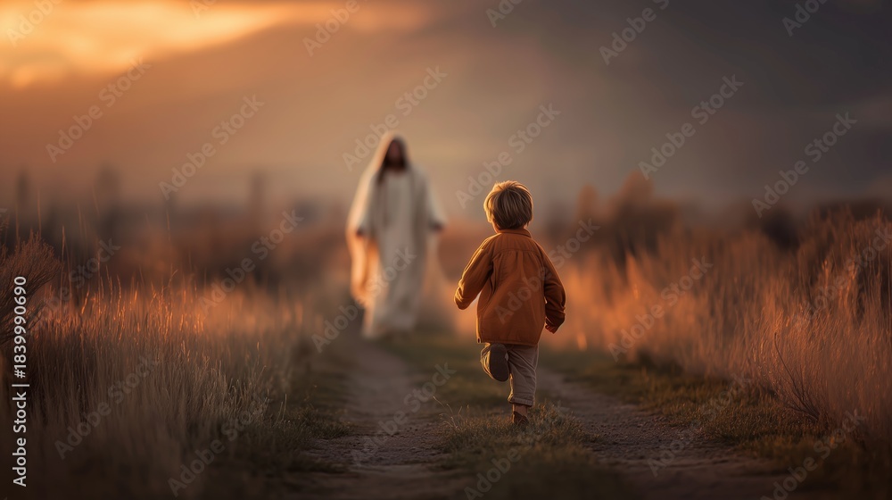 Obraz premium Child runs towards Jesus in a sunset landscape with warm colors and soft shadows in a natural setting