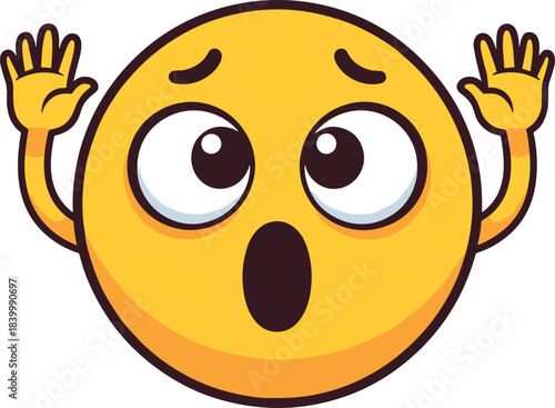 Surprised Yellow Emoji Character with Hands Raised and Mouth Open Wide Showing Shock, Panic, Fear, or Amazement, Isolated on White Background for Reaction