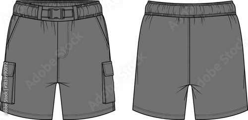 Cargo shorts technical sketch, front and back view, fashion design, adjustable belt, elastic waistband, garment template, stitching detail, pockets
