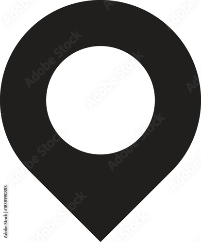 A black map pin icon with a white circle in the center, commonly used to indicate a location or point of interest on a map or digital interface.