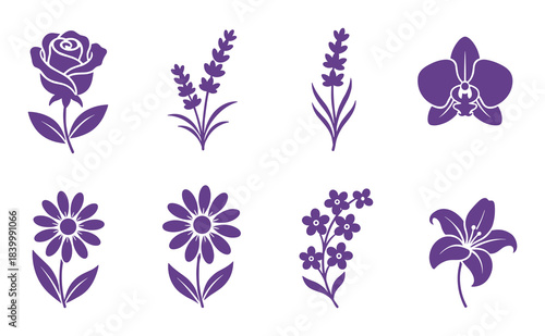 Purple floral icons, elegant flower designs, botanical illustrations, natural beauty elements.