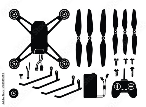 Quadcopter frame, propellers, battery, landing gear, screws, and remote controller vector kit