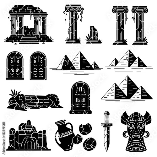 Discover ancient worlds with vector icons of pyramids, ruins, and artifacts! Perfect for game design, history projects, and cultural explorations of timeless icons