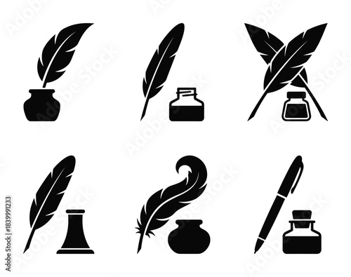 Quill pens with inkwells and a modern pen. Symbols representing writing and education. Writing tools collection.
