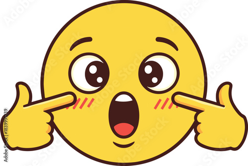Yellow Emoji Character Pointing to Cheeks While Blushing, Showing Excited Shock, Cute Surprise, or Embarrassment with Wide Open Eyes and Mouth, Isolated on White