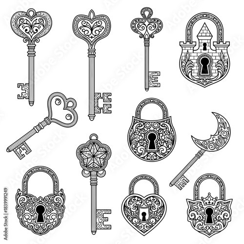 Unique antique keys and ornate padlocks line art collection, vintage security design elements for elegant invitations and creative design projects