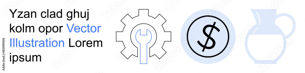 Obraz premium Business tools, financial planning, industrial settings, e-commerce, economy, product manufacturing. Gear symbol with wrench, currency sign and jug outline. Business tools and financial planning