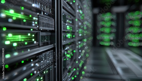 Server room interior with green lights, rack rows in focus and out of focus