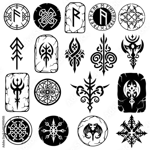 Mystical rune stone collection, perfect for fantasy games and spiritual symbols, evoking ancient power and magical potential, originally a scalable vector graphic