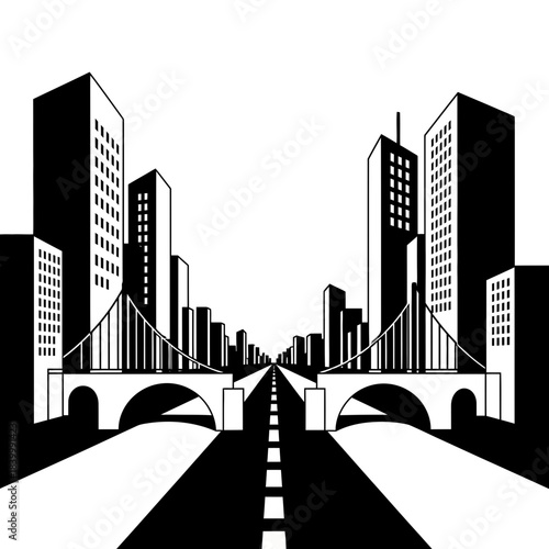 Black and White Urban Landscape with Road and Bridges