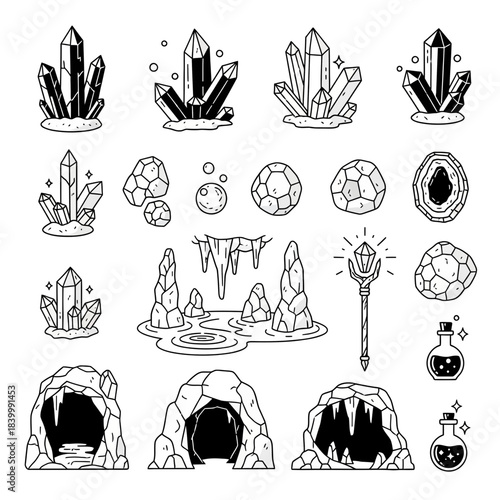 Fantasy Crystals, Caves, and Magic Items Line Art Collection
