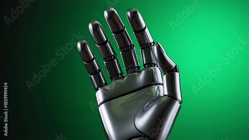 Sleek metallic robotic hand with fingers extended against a vibrant green gradient background.