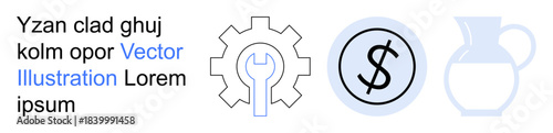 Business tools, financial planning, industrial settings, e-commerce, economy, product manufacturing. Gear symbol with wrench, currency sign and jug outline. Business tools and financial planning