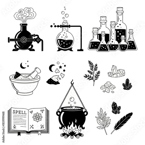 Alchemy and Witchcraft Magic Icons Set