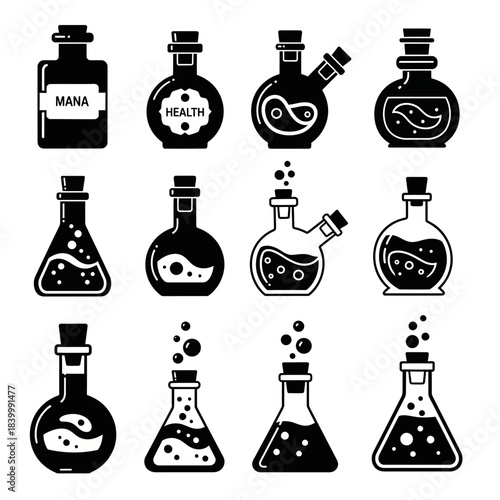 Fantasy Potion Bottle and Flask Icons Set