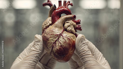 Medical anatomical model of a human heart held by gloved hands in a laboratory setting