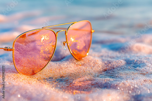 Wallpaper Mural Sunglasses resting on sandy beach with ocean waves in the background Generative AI Torontodigital.ca