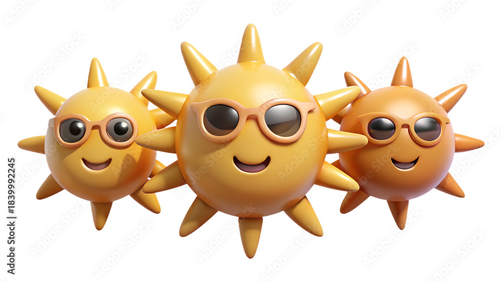 Fototapeta premium Sunshine Trio with Style: Playful cartoon sun characters donning sunglasses bring a touch of fun to a sunny day, radiating warmth and happiness.