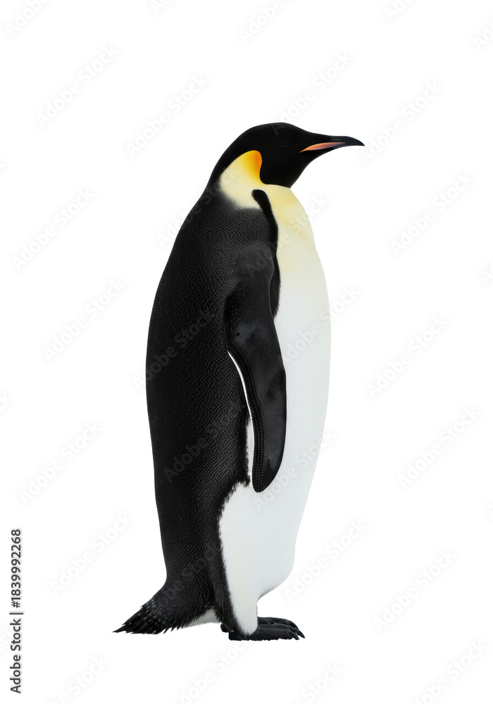 Fototapeta premium majestic emperor penguin profile, vibrant yellow-orange plumage, sleek and wet, high-key studio portrait against transparent copy space. concept of antarctic wildlife majesty