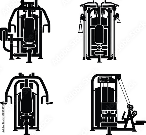 Fitness Gym Equipment Vector Icons Collection, Workout Machine Silhouettes, Strength Training Apparatus, Health Club Cardio Exercise Equipment Set, Black and Blue Outline Graphics,